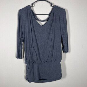White House Black Market Women's 3/4 Sleeve Banded Bottom Gray Top S Cross Back!